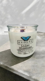 Rocks Candle - Lilac Blossoms (Wood Wick, Lepidolite Gemstone Soy Candle) from Evolve Botanica
