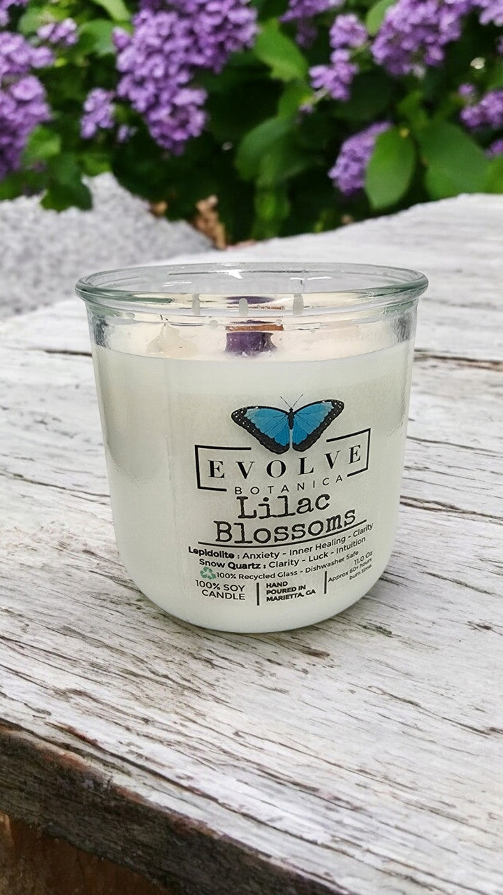 Rocks Candle - Lilac Blossoms (Wood Wick, Lepidolite Gemstone Soy Candle) from Evolve Botanica