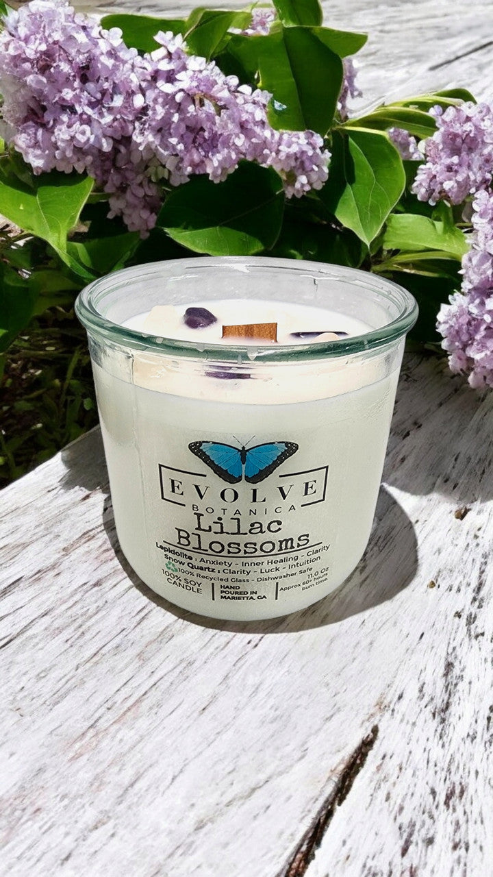Rocks Candle - Lilac Blossoms (Wood Wick, Lepidolite Gemstone Soy Candle) from Evolve Botanica