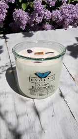 Rocks Candle - Lilac Blossoms (Wood Wick, Lepidolite Gemstone Soy Candle) from Evolve Botanica