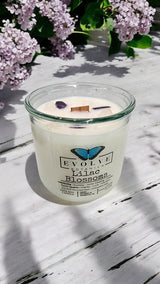 Rocks Candle - Lilac Blossoms (Wood Wick, Lepidolite Gemstone Soy Candle) from Evolve Botanica