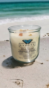 Rocks Candle - Rio Glow (Wood Wick Sunstone & Citrine Gemstone Soy Candle) from Evolve Botanica