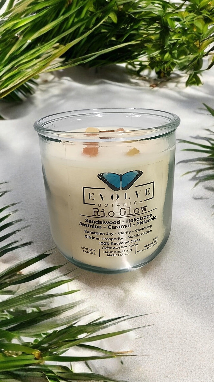 Rocks Candle - Rio Glow (Wood Wick Sunstone & Citrine Gemstone Soy Candle) from Evolve Botanica