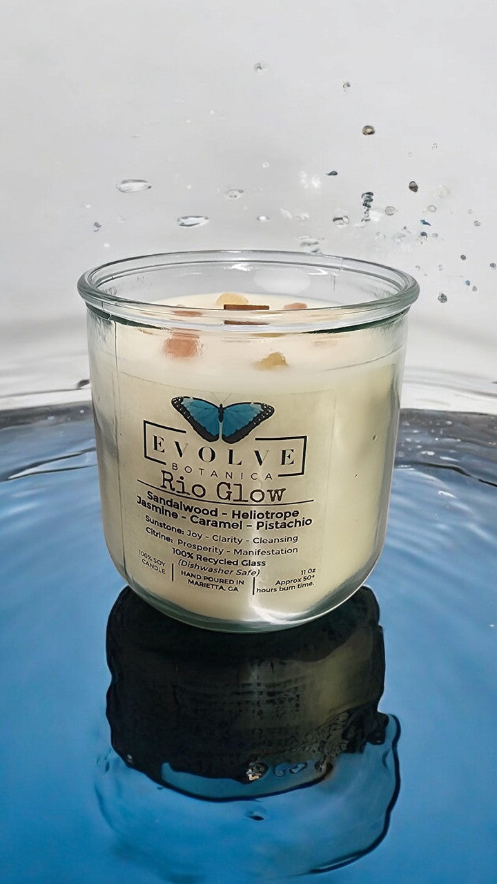 Rocks Candle - Rio Glow (Wood Wick Sunstone & Citrine Gemstone Soy Candle) from Evolve Botanica
