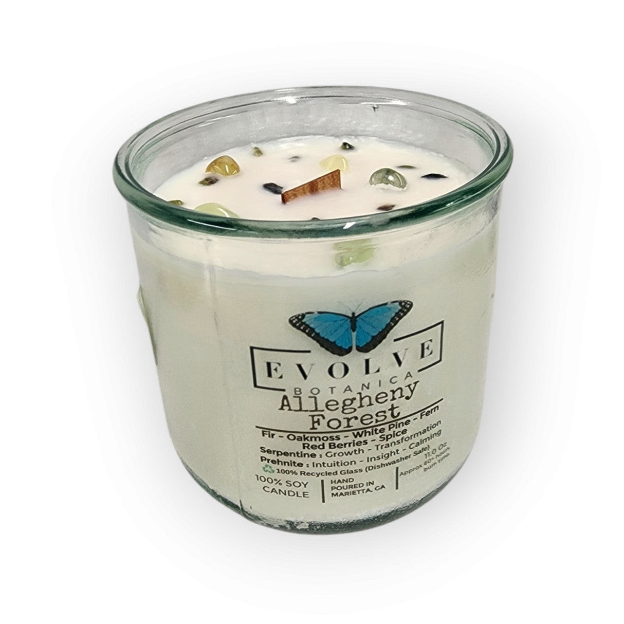 Rocks Candle - Allegheny Forest (Wood Wick Serpentine & Prehnite Gemstone Soy Candle) from Evolve Botanica