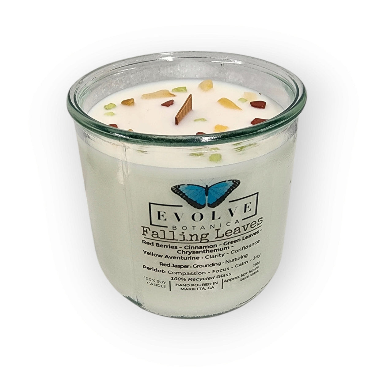 Rocks Candle - Falling Leaves (Wood Wick, Peridot, Red Jasper, & Yellow Aventurine Gemstone Soy Candle) from Evolve Botanica
