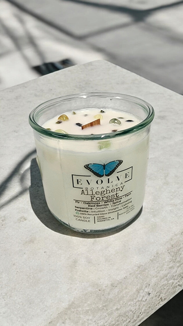Rocks Candle - Allegheny Forest (Wood Wick Serpentine & Prehnite Gemstone Soy Candle) from Evolve Botanica