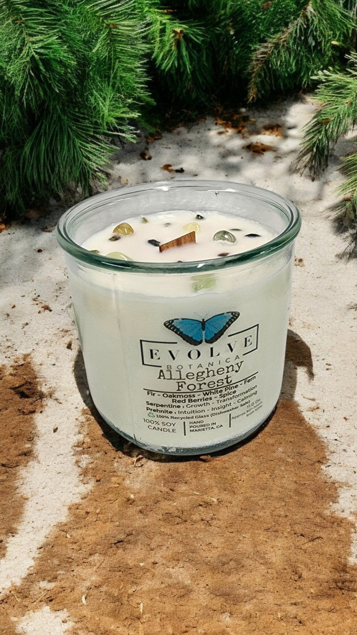 Rocks Candle - Allegheny Forest (Wood Wick Serpentine & Prehnite Gemstone Soy Candle) from Evolve Botanica