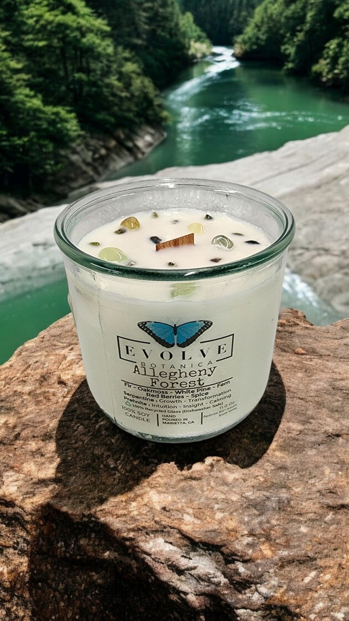 Rocks Candle - Allegheny Forest (Wood Wick Serpentine & Prehnite Gemstone Soy Candle) from Evolve Botanica