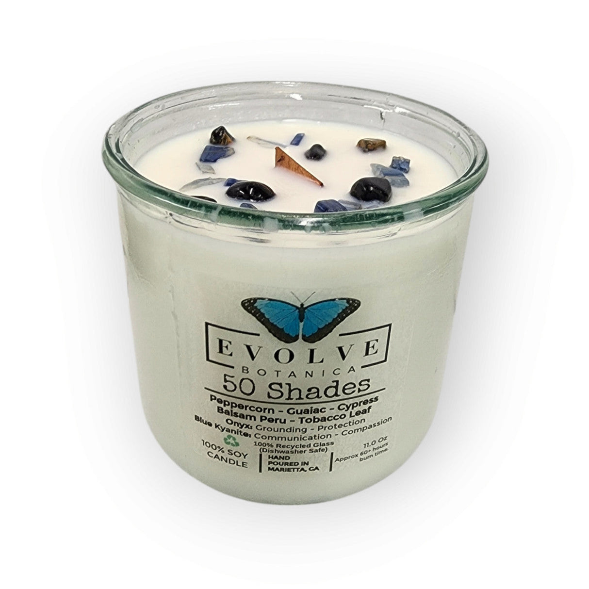 Rocks Candle – 50 Shades (Wood Wick, Onyx & Blue Kyanite, Soy Candle) from Evolve Botanica