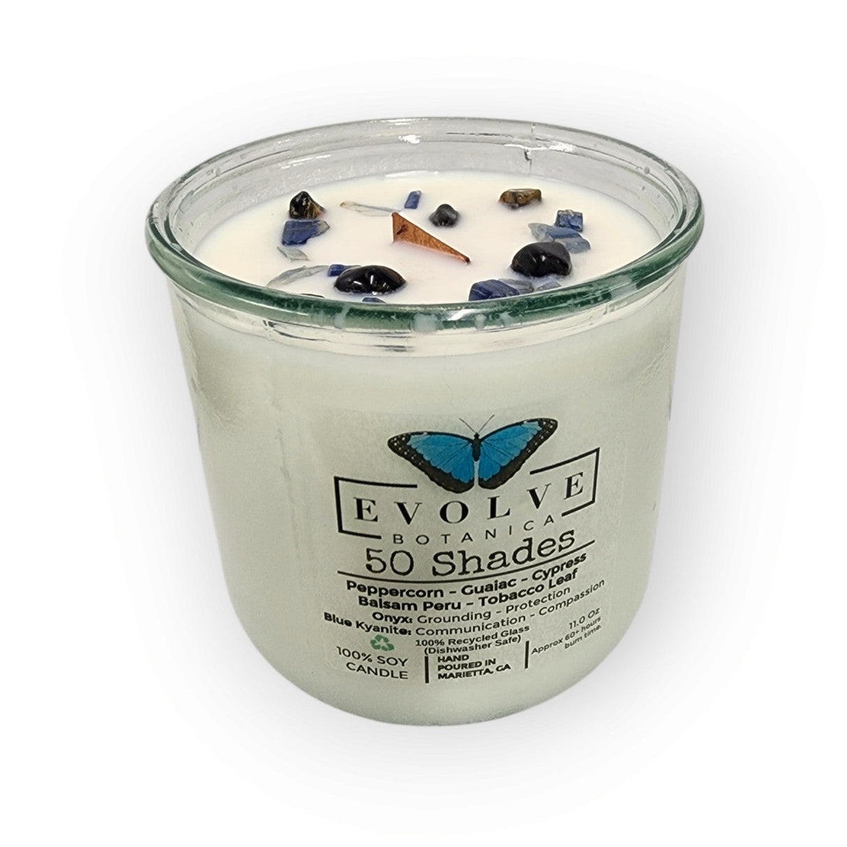 Rocks Candle – 50 Shades (Wood Wick, Onyx & Blue Kyanite, Soy Candle) from Evolve Botanica