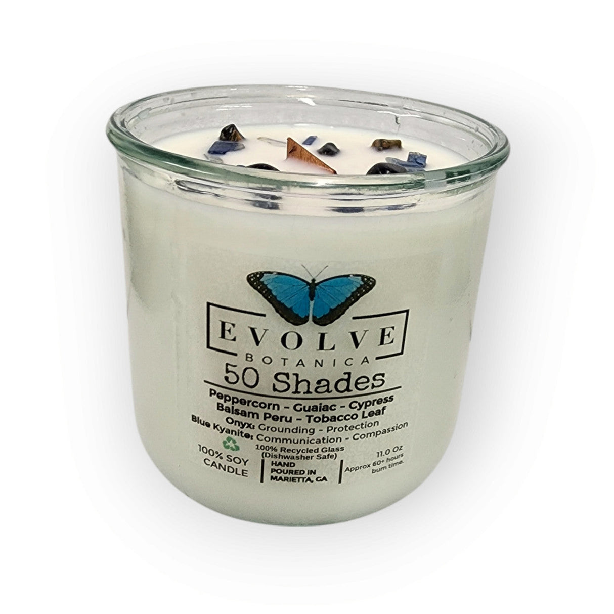 Rocks Candle – 50 Shades (Wood Wick, Onyx & Blue Kyanite, Soy Candle) from Evolve Botanica