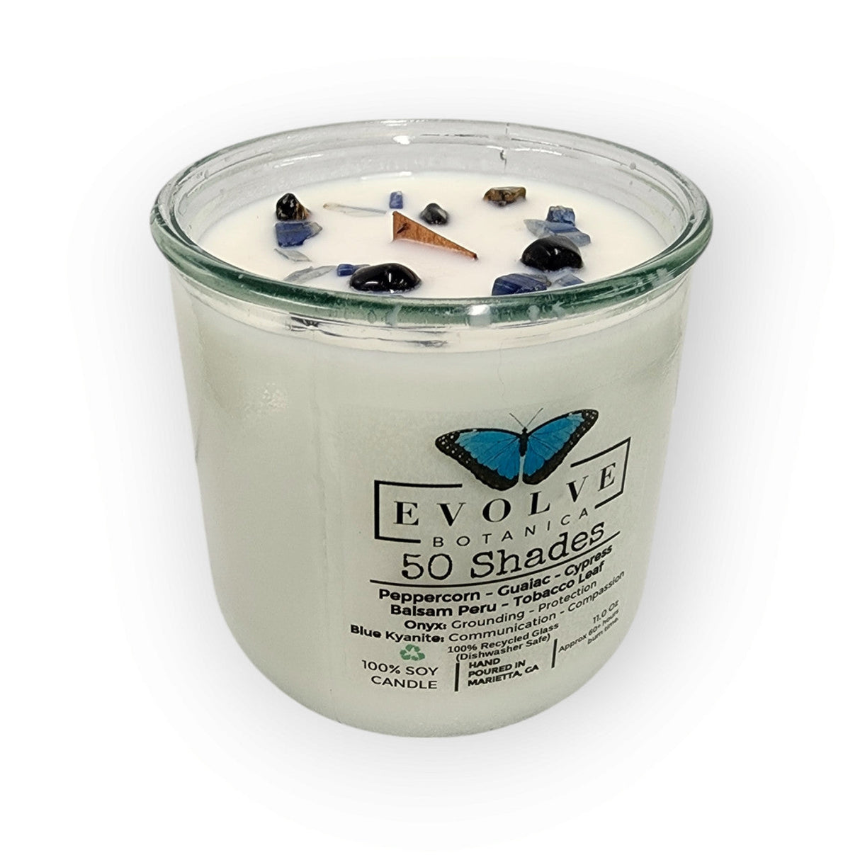 Rocks Candle – 50 Shades (Wood Wick, Onyx & Blue Kyanite, Soy Candle) from Evolve Botanica