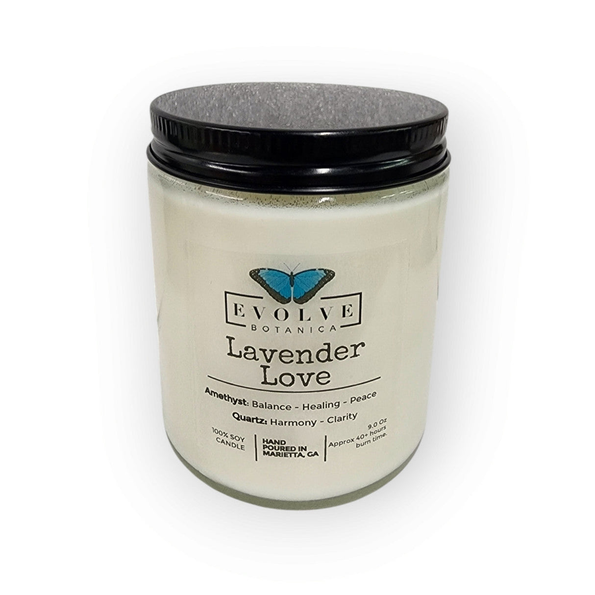 Classic 9oz Jam Jar Crystal Soy Candle - Lavender Love (Amethyst & Quartz) from Evolve Botanica