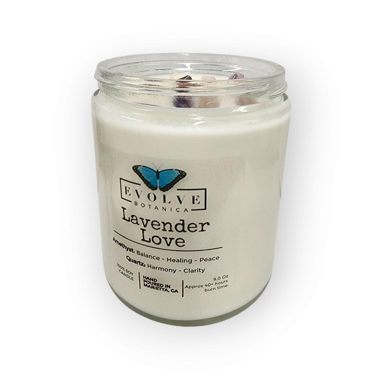 Classic 9oz Jam Jar Crystal Soy Candle - Lavender Love (Amethyst & Quartz) from Evolve Botanica