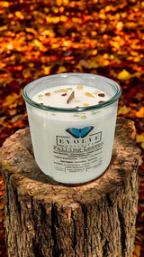 Rocks Candle - Falling Leaves (Wood Wick, Peridot, Red Jasper, & Yellow Aventurine Gemstone Soy Candle) from Evolve Botanica