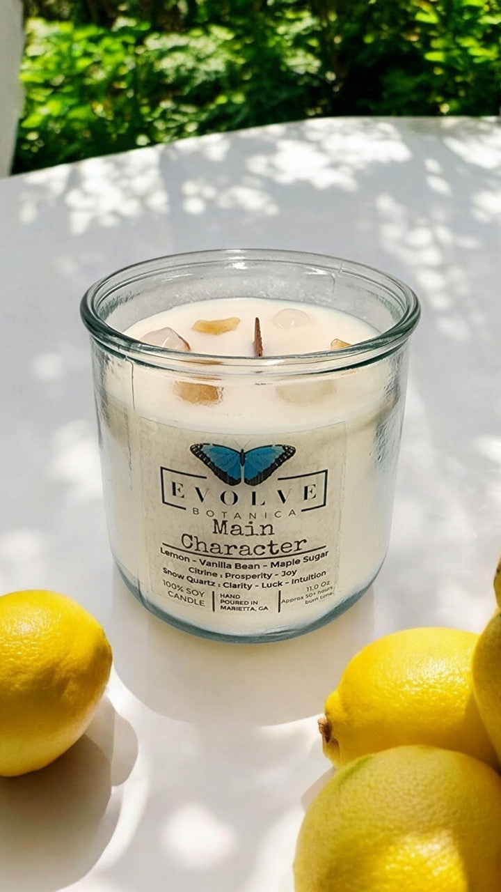 Rocks Candle - Main Character (Wood Wick Citrine & Snow Quartz Gemstone Soy Candle) from Evolve Botanica