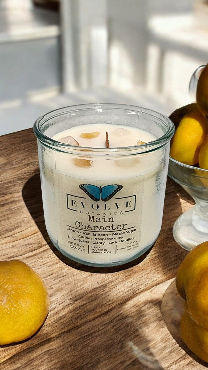 Rocks Candle - Main Character (Wood Wick Citrine & Snow Quartz Gemstone Soy Candle) from Evolve Botanica