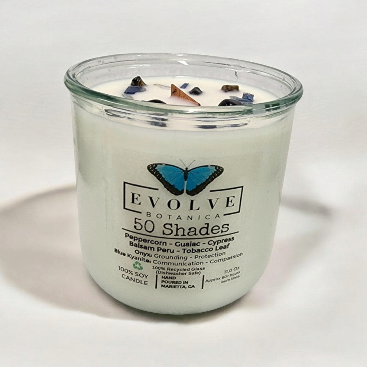 Rocks Candle – 50 Shades (Wood Wick, Onyx & Blue Kyanite, Soy Candle) from Evolve Botanica