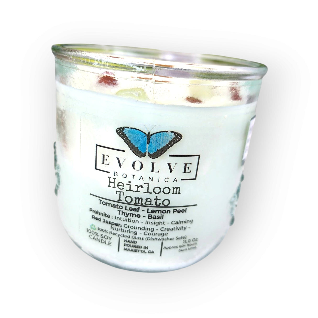 Rocks Candle - Heirloom Tomato (Wood Wick, Prehnite & Red Jasper, Soy Candle) from Evolve Botanica