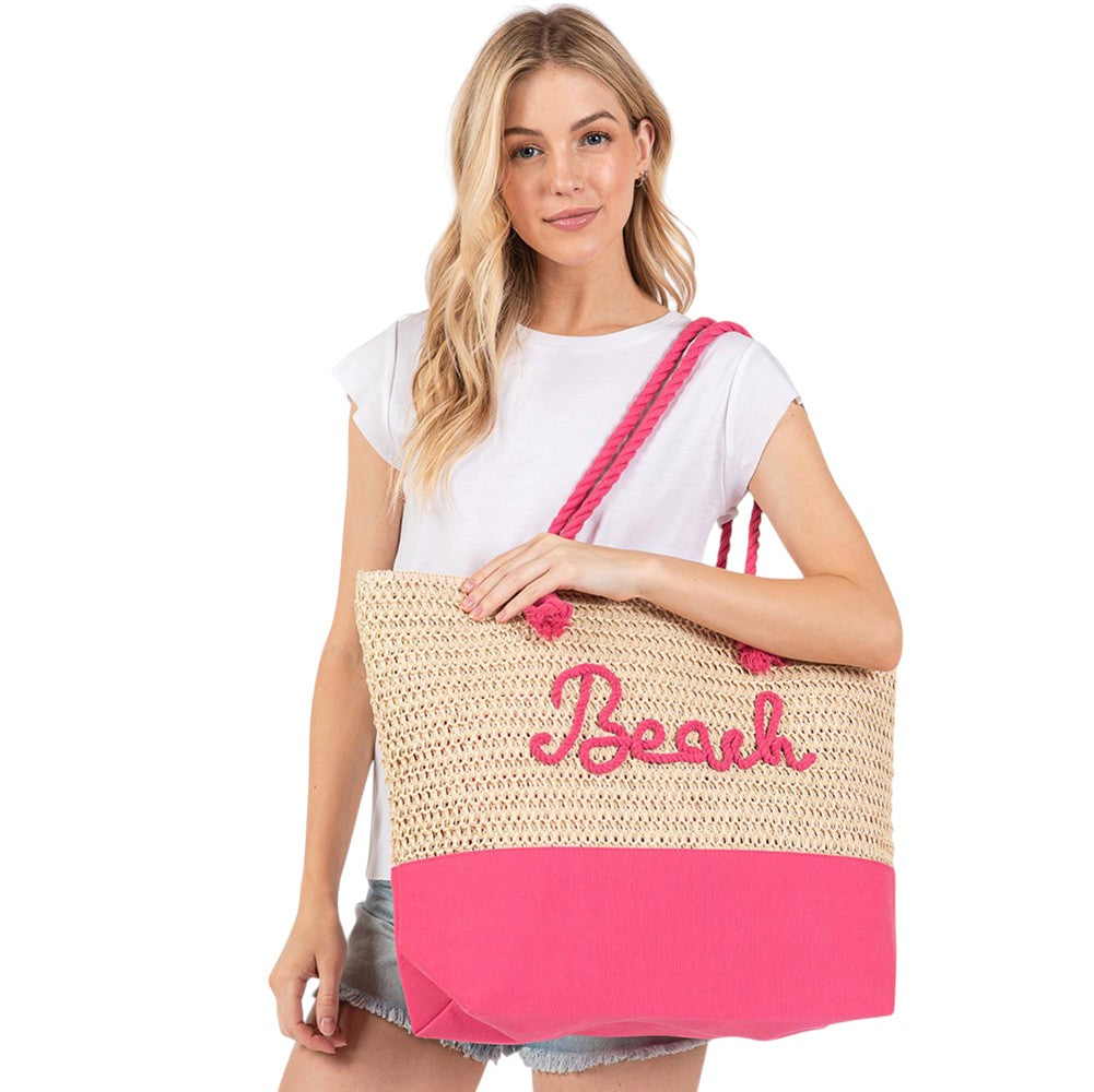 BEACH Message Rope Handle Crochet Fabric Tote Bag / Beach Bag  from Madeline Love