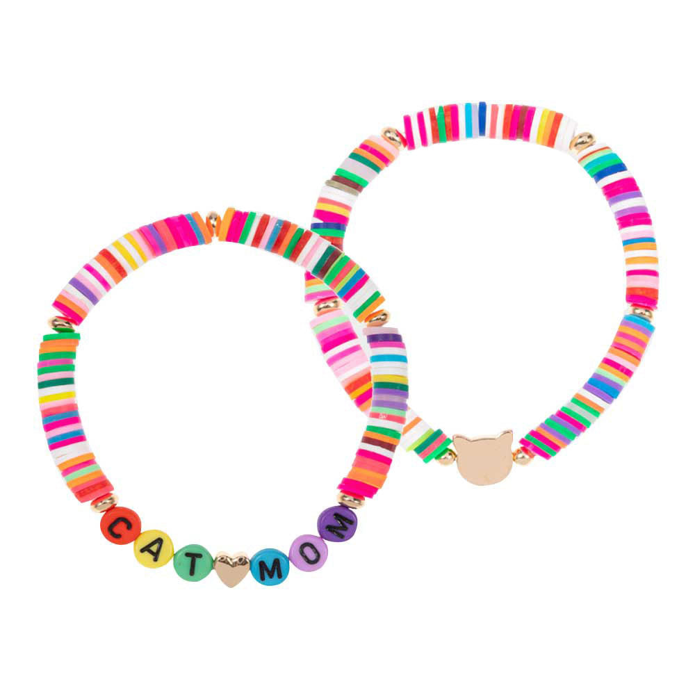 2PCS Cat Mom Heishi Beaded Stretch Bracelets from Madeline Love