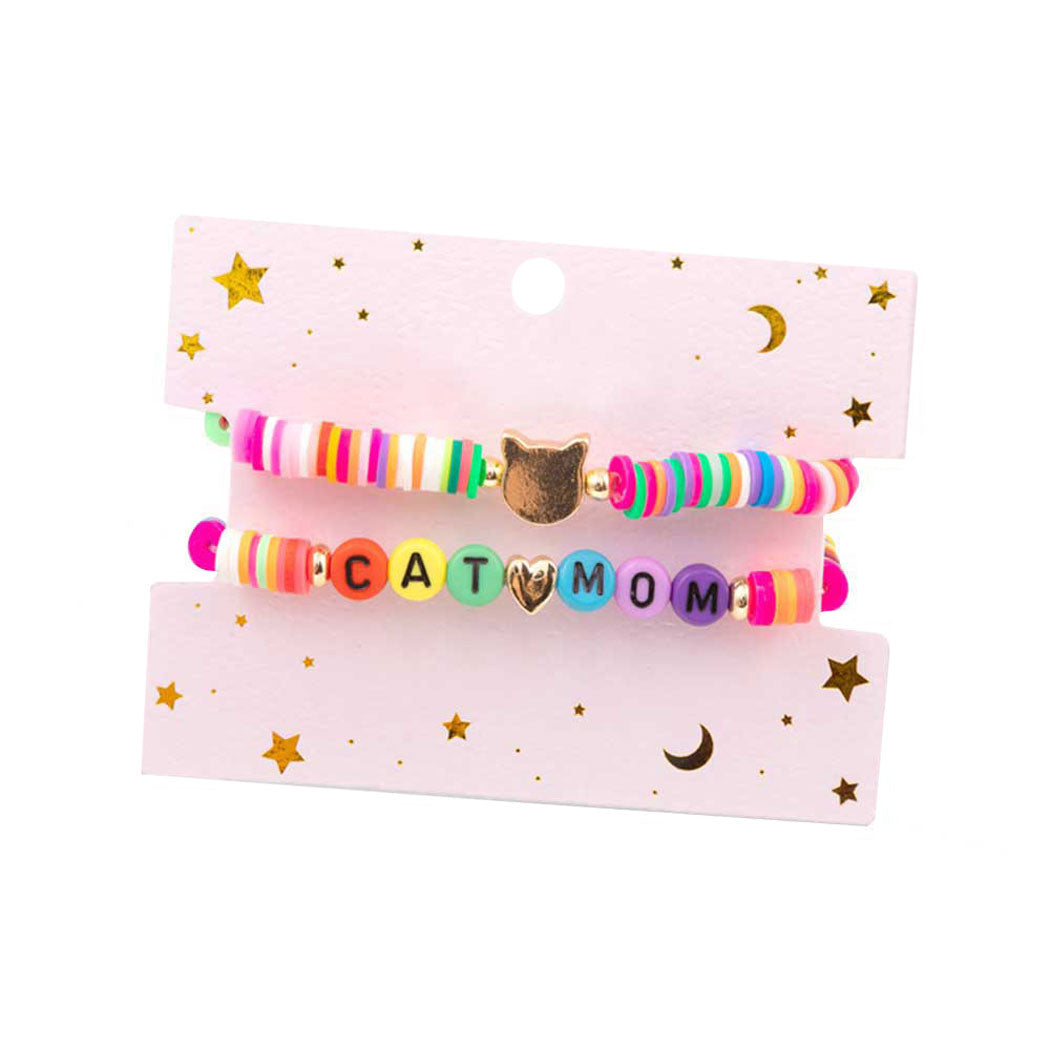 2PCS Cat Mom Heishi Beaded Stretch Bracelets from Madeline Love