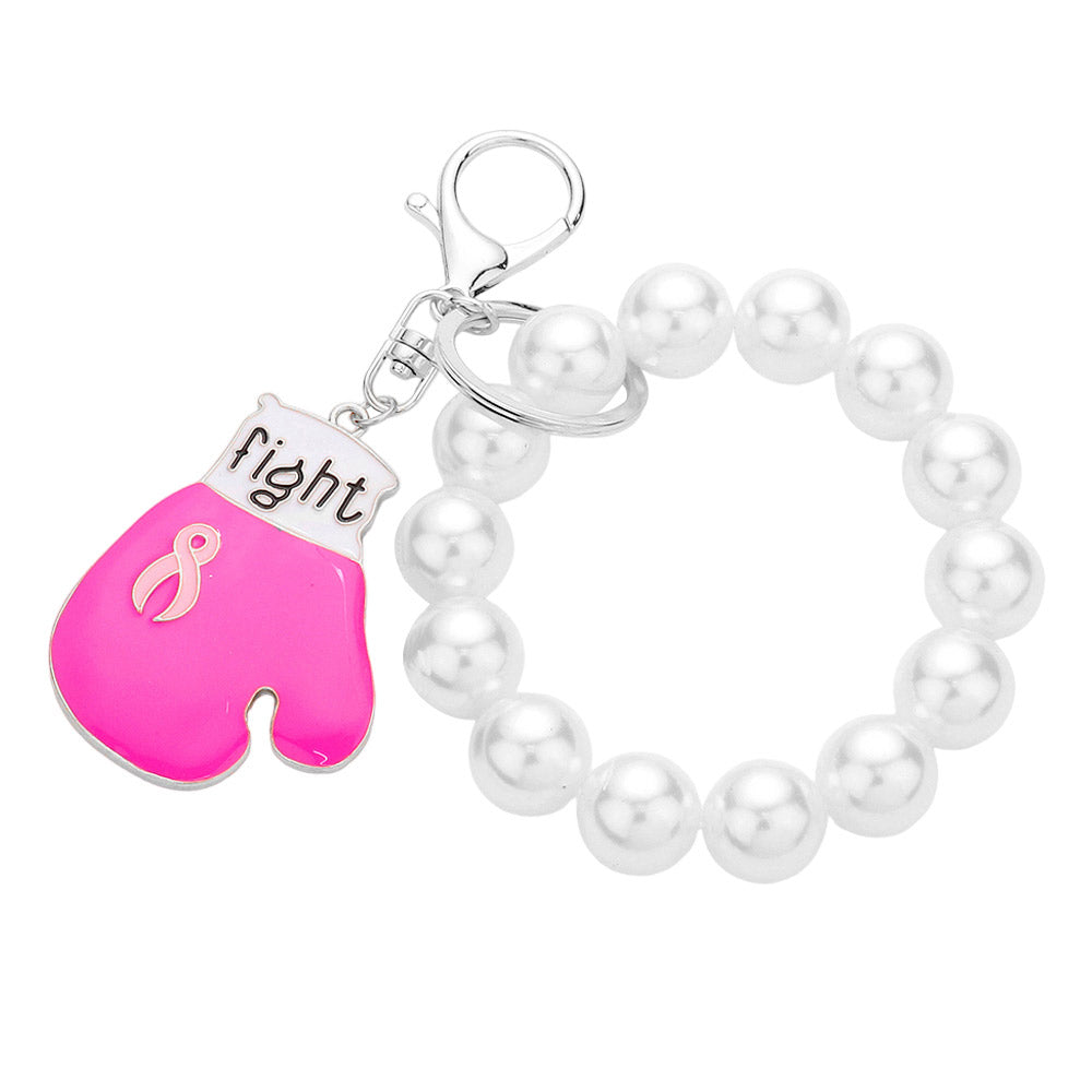 Fight Pink Ribbon Glove Pearl Stretch Keychain Bracelet from Madeline Love