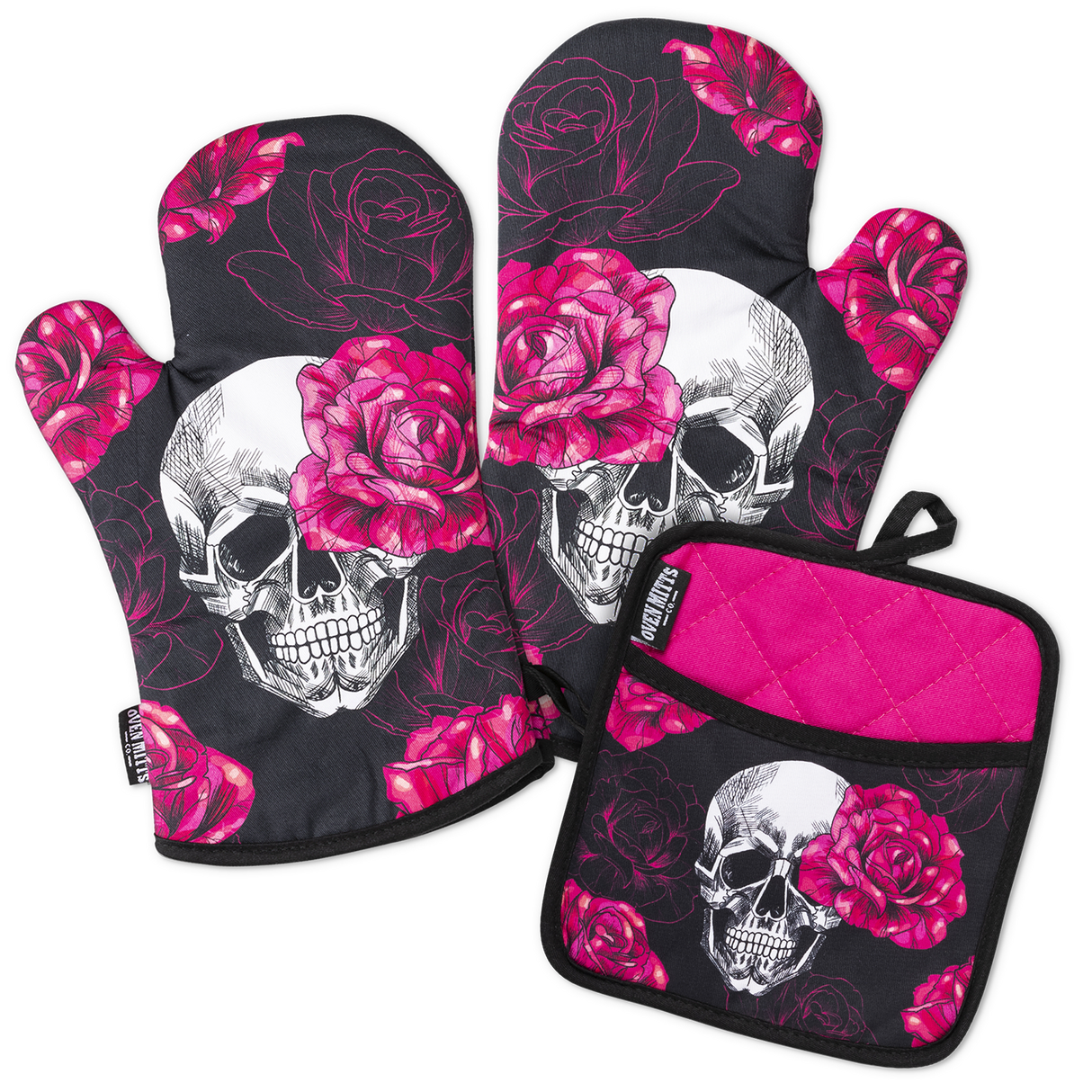 Pink Skull Rose Oven Mitts And Potholder Set From Zapps Clothing