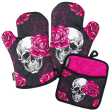 Pink Skull Rose Oven Mitts And Potholder Set From Zapps Clothing