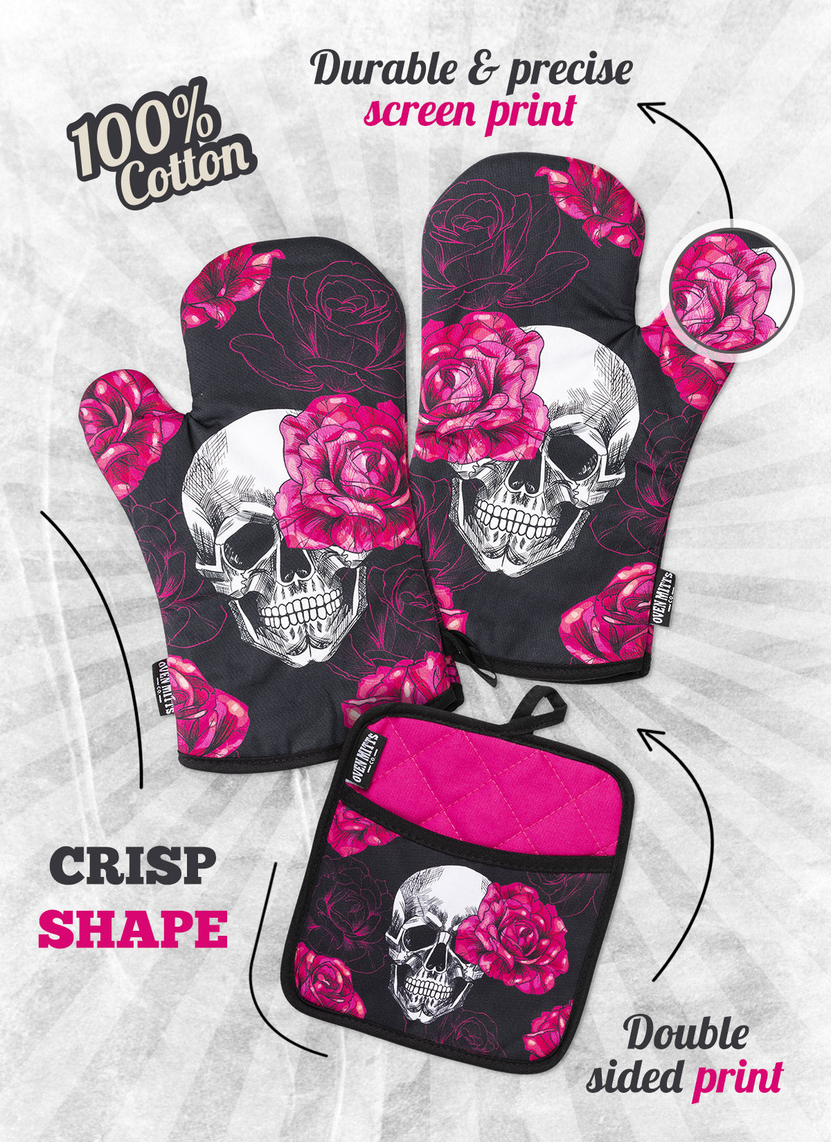 Pink Skull Rose Oven Mitts And Potholder Set From Zapps Clothing