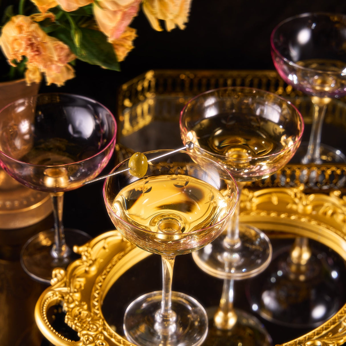 Colored Coupe Art Deco Glasses, Gold | Set of 4 | 8 oz Classic Cocktail Glassware for Champagne, Martini, Manhattan, Sidecar, Crystal Speakeasy Style Goblets Stems (Pink) from The Wine Savant