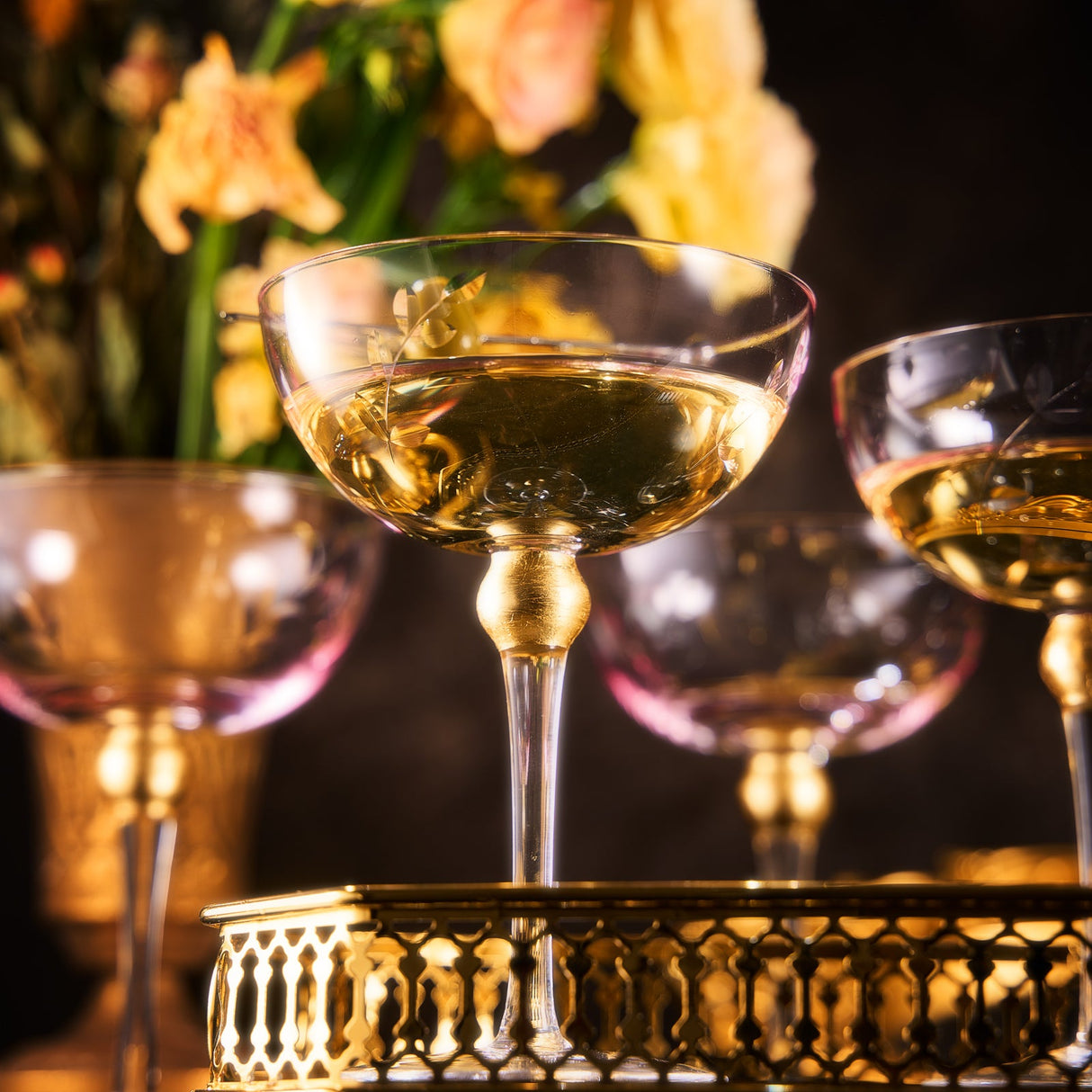 Colored Coupe Art Deco Glasses, Gold | Set of 4 | 8 oz Classic Cocktail Glassware for Champagne, Martini, Manhattan, Sidecar, Crystal Speakeasy Style Goblets Stems (Pink) from The Wine Savant