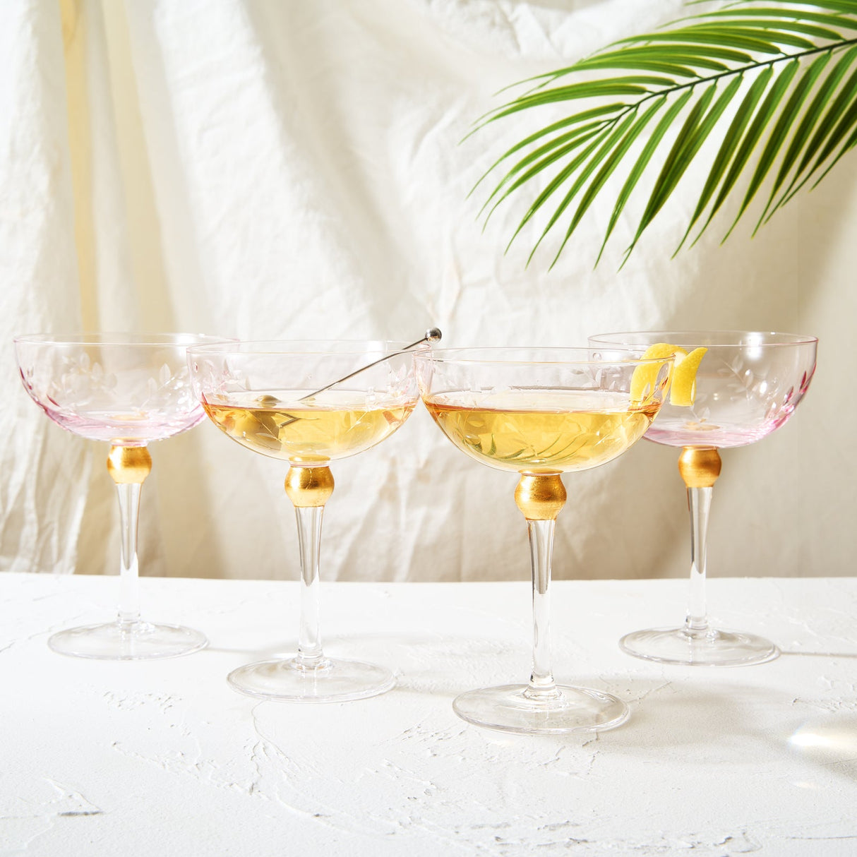 Colored Coupe Art Deco Glasses, Gold | Set of 4 | 8 oz Classic Cocktail Glassware for Champagne, Martini, Manhattan, Sidecar, Crystal Speakeasy Style Goblets Stems (Pink) from The Wine Savant
