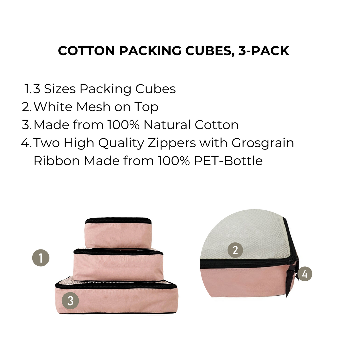 Cotton Packing Cubes, 3-pack Pink/Blush From Bag-all