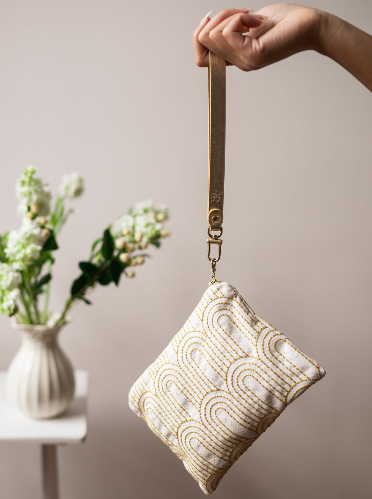Josephine Embroidered Gold and White Wristlet Purse from Ash & Rose