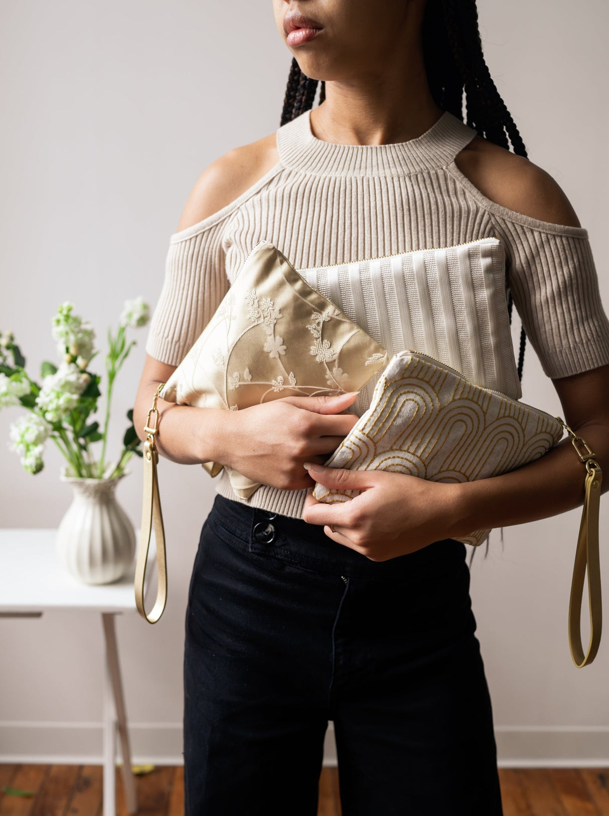 Josephine Embroidered Gold and White Wristlet Purse from Ash & Rose