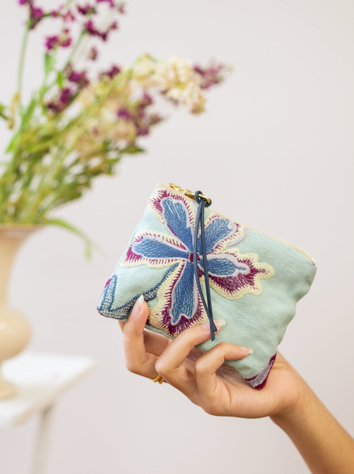 Enchanting Azure Embroidered Mini Pouch from Ash & Rose