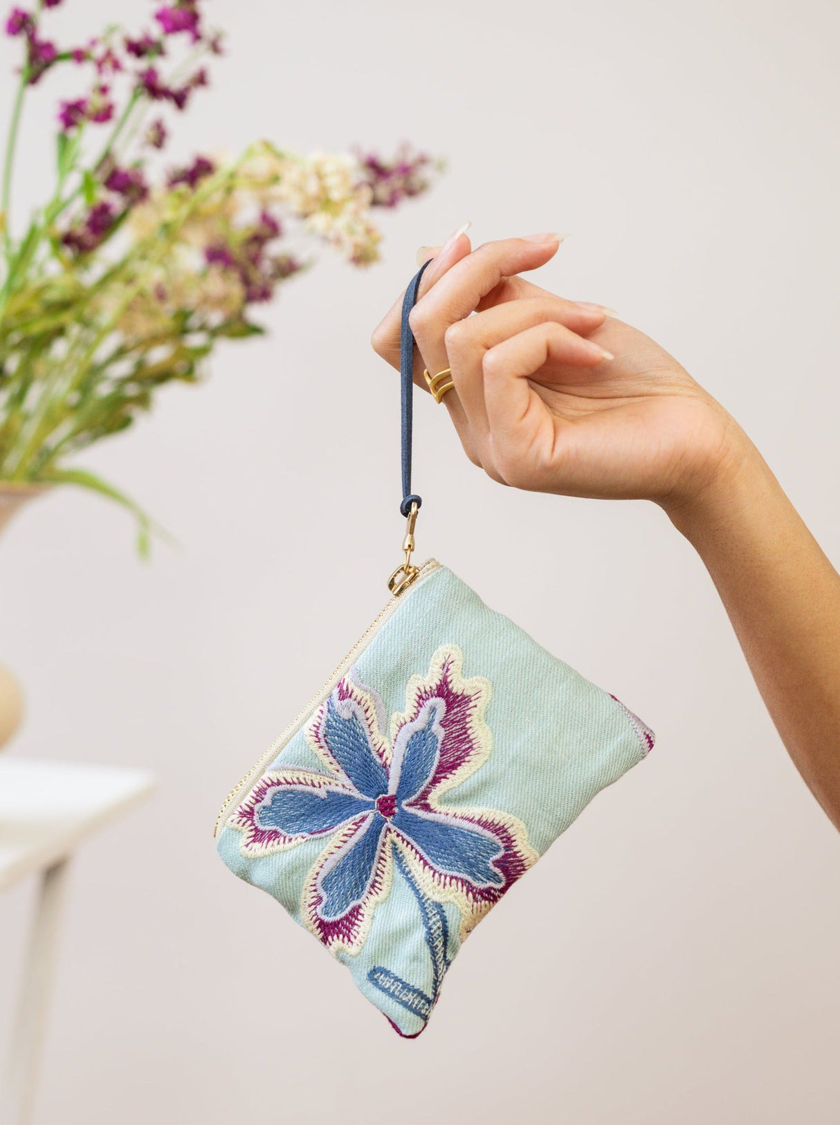 Enchanting Azure Embroidered Mini Pouch from Ash & Rose