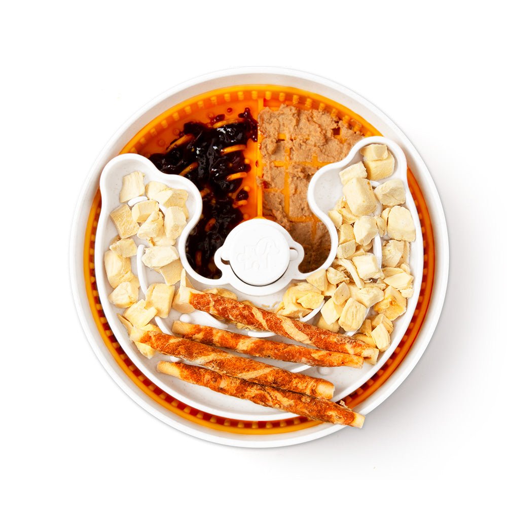 Dog Puzzle Licker Junior - Triple Textures, Triple Fun - for S/M Breeds (Orange) From PuzzleFeeder - Slower than a slow feeder