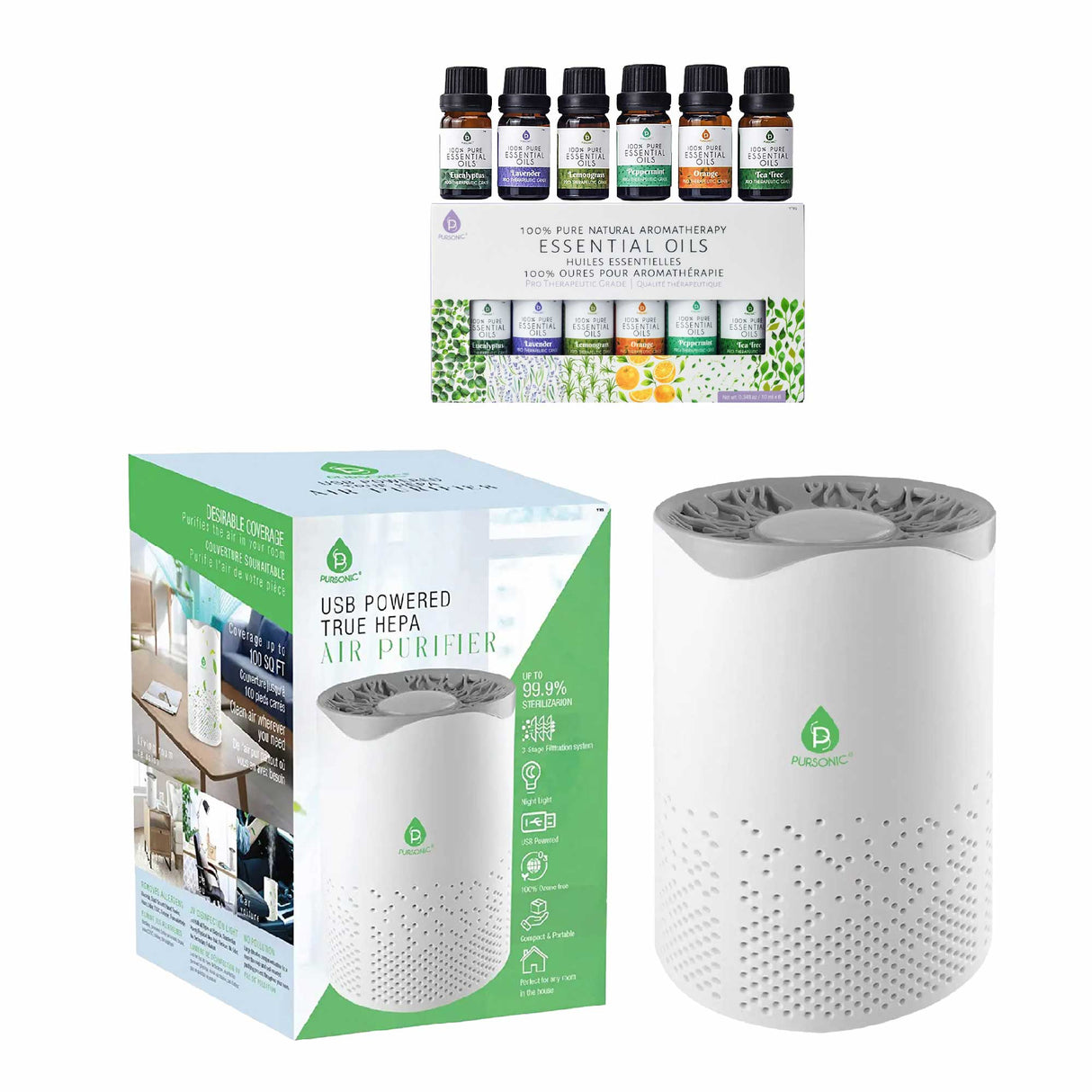 Pursonic Air Purifier with 6-Pack Premium Essential Oils Collection from Pursonic