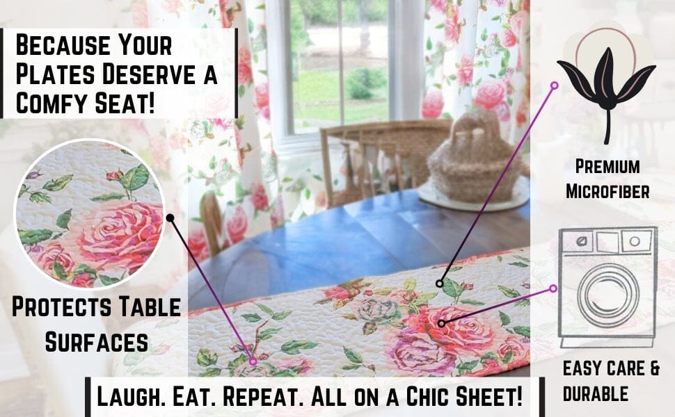 DaDa Bedding Romantic Roses Pink White Lovely Floral Quilted Dining Table Runner (879) from DaDalogy Bedding Collection