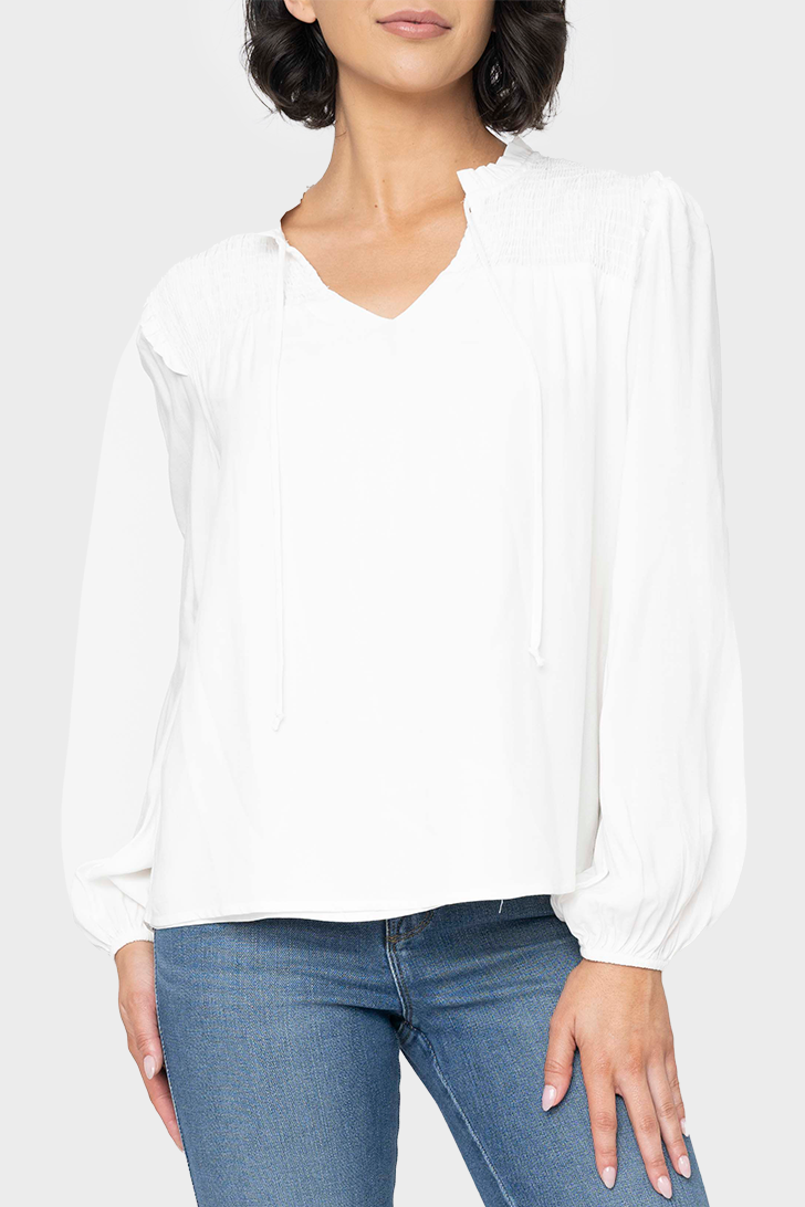 Smocked Yoke Tie Neck Blouson Sleeve Blouse from Gibsonlook