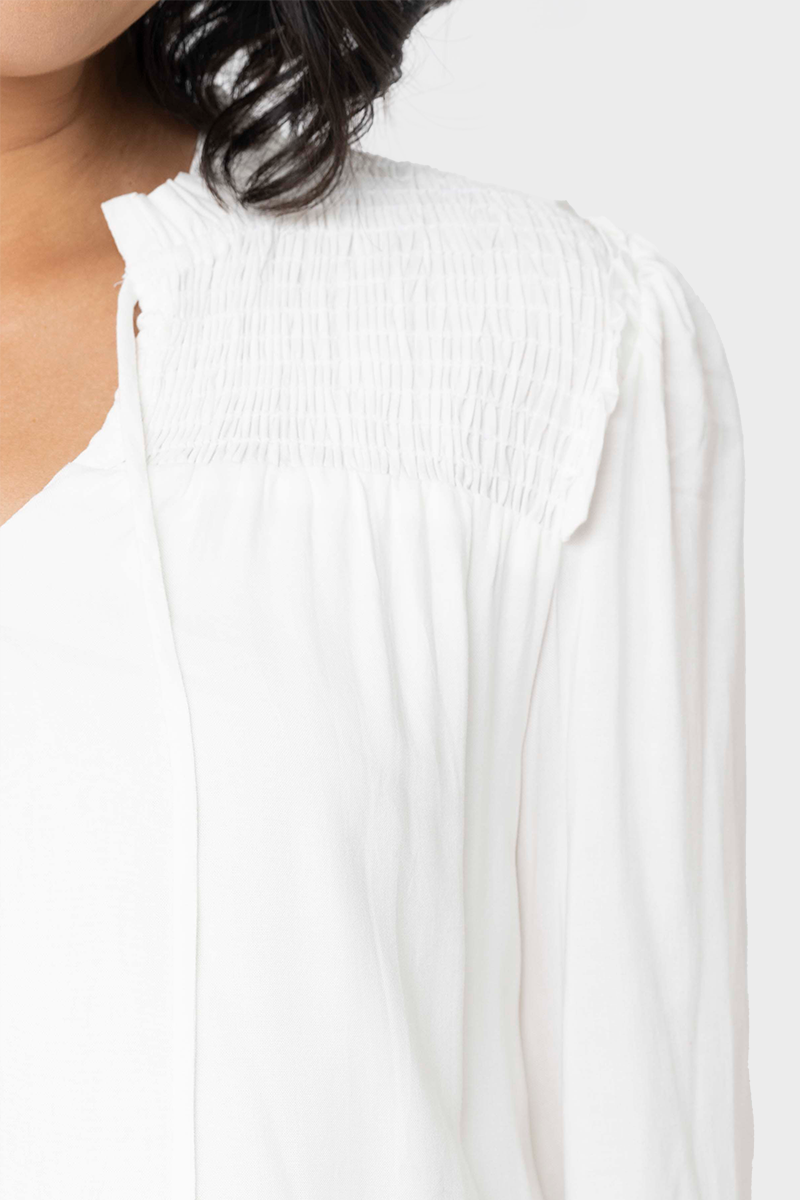 Smocked Yoke Tie Neck Blouson Sleeve Blouse from Gibsonlook
