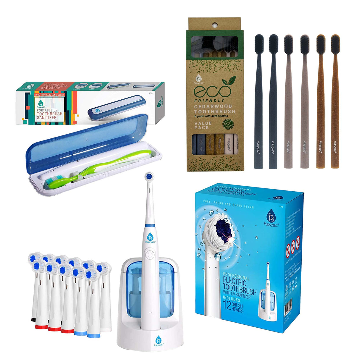 Family Dental Care Bundle: Pursonic RET200 Oscillating Electric Rechargeable Toothbrush, Eco-Friendly Cedarwood Toothbrushes (6 Pack), Portable UV Toothbrush Sanitizer from Pursonic