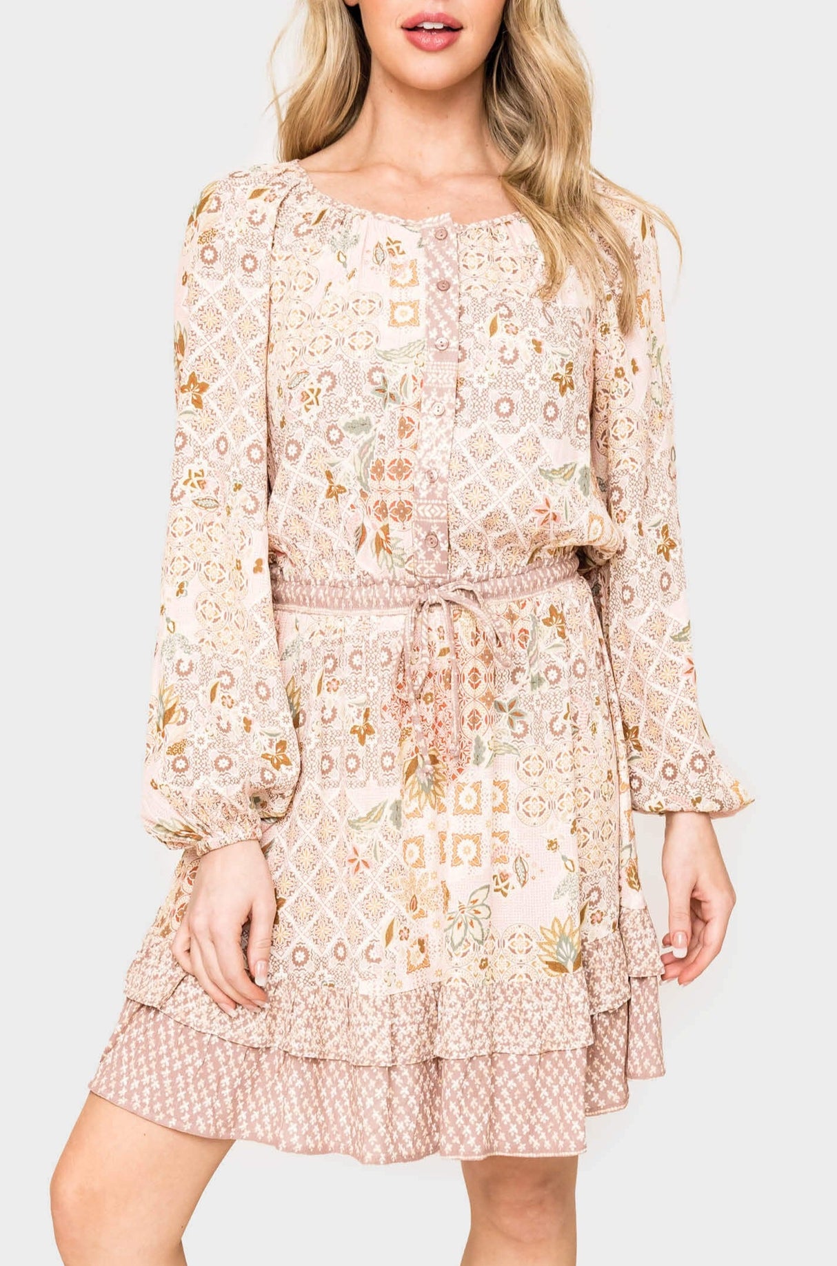 Boho Mixed Print Drawstring Ruffle Dress from Gibsonlook