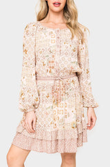 Boho Mixed Print Drawstring Ruffle Dress from Gibsonlook