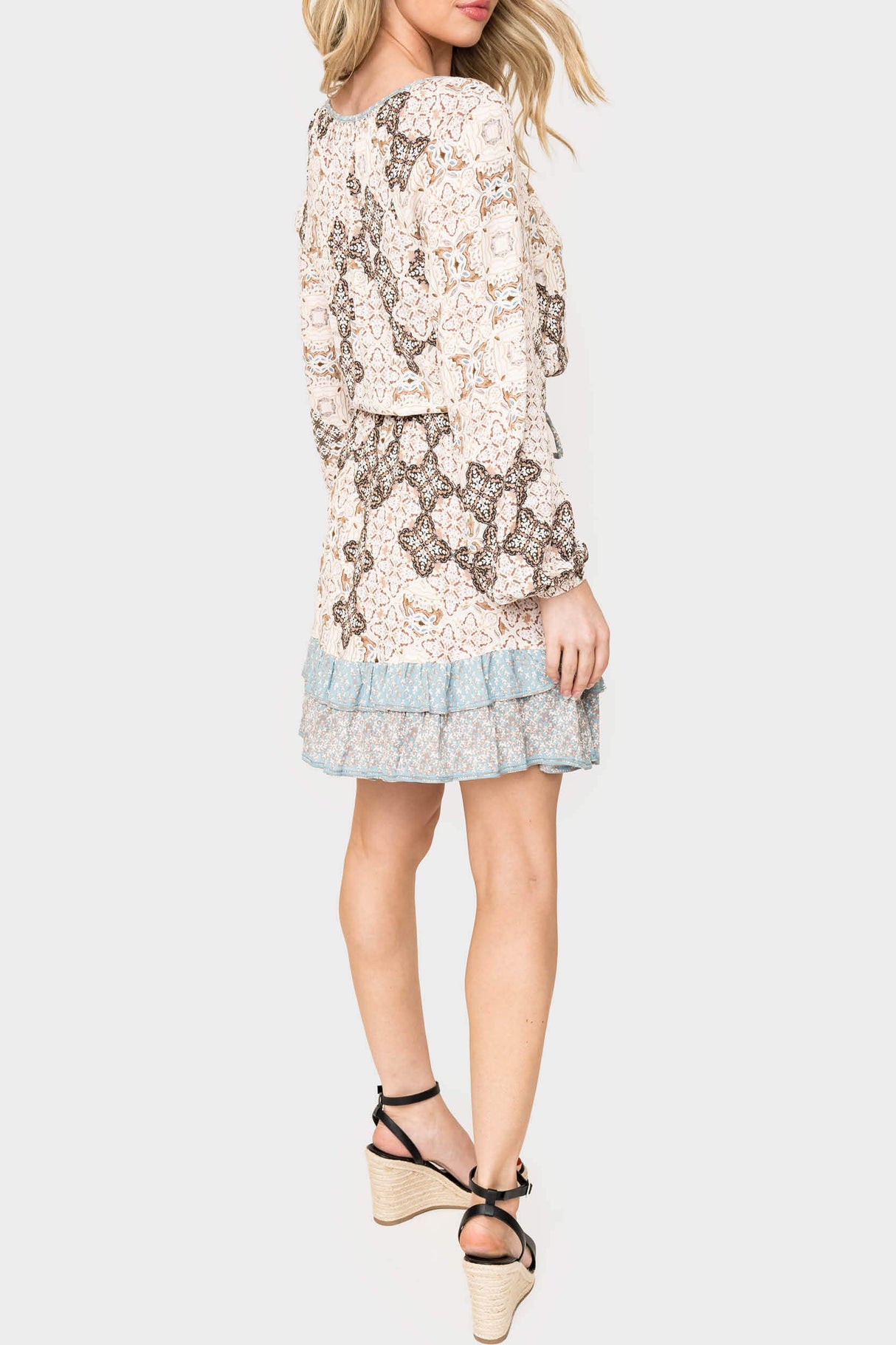 Boho Mixed Print Drawstring Ruffle Dress from Gibsonlook