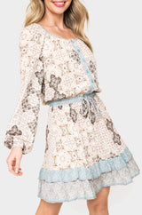 Boho Mixed Print Drawstring Ruffle Dress from Gibsonlook
