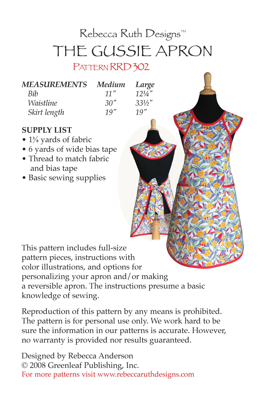 "Gussie" Apron Downloadable Pattern from Quilting Books Patterns and Notions